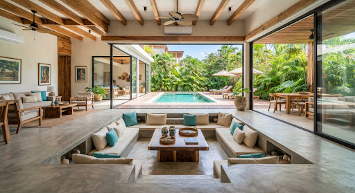 Interior architectural view of an expansive luxury villa living room featuring an integrated subterranean sunken conversational lounge