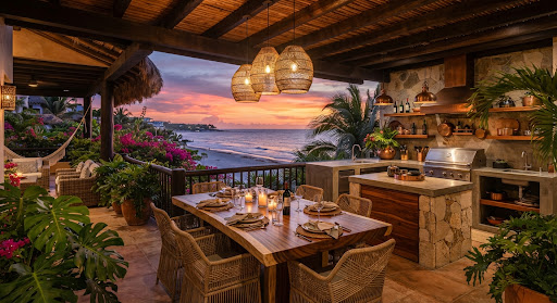 Dusk photograph of an outdoor luxury covered terrace and alfresco kitchen with live-edge parota dining table