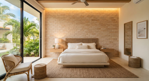 Serene minimalist master bedroom suite featuring an artisanal textured warm stone brick accent wall