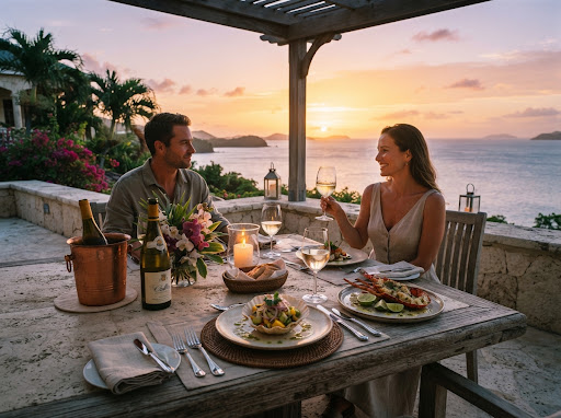 Romantic sunset private candlelit dinner on the villa stone terrace overlooking the Caribbean sea, with fresh seafood, ceviche in artisan bowls, Caribbean lobster, and fine white wine