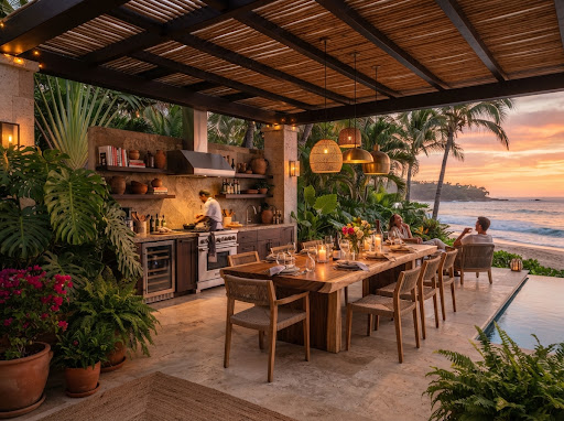 Modern covered outdoor dining pavilion with solid teak dining table, architectural wooden pergola, surrounded by lush monstera and tropical greenery