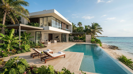 Panoramic oceanfront travertine pool terrace of luxury modern Mexican villa with teak sun loungers, lush tropical foliage, and infinity pool blending into the blue Caribbean ocean