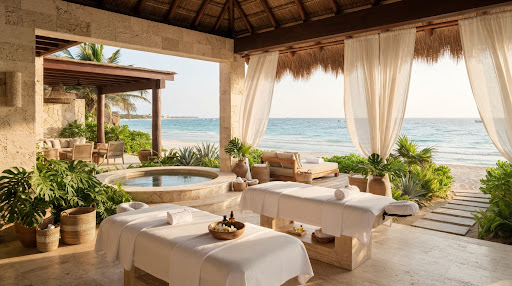 Beachfront outdoor luxury spa pavilion with travertine stone massage beds, open palapa roof, round hydrotherapy plunge pool and soft white sheer curtains overlooking the turquoise sea